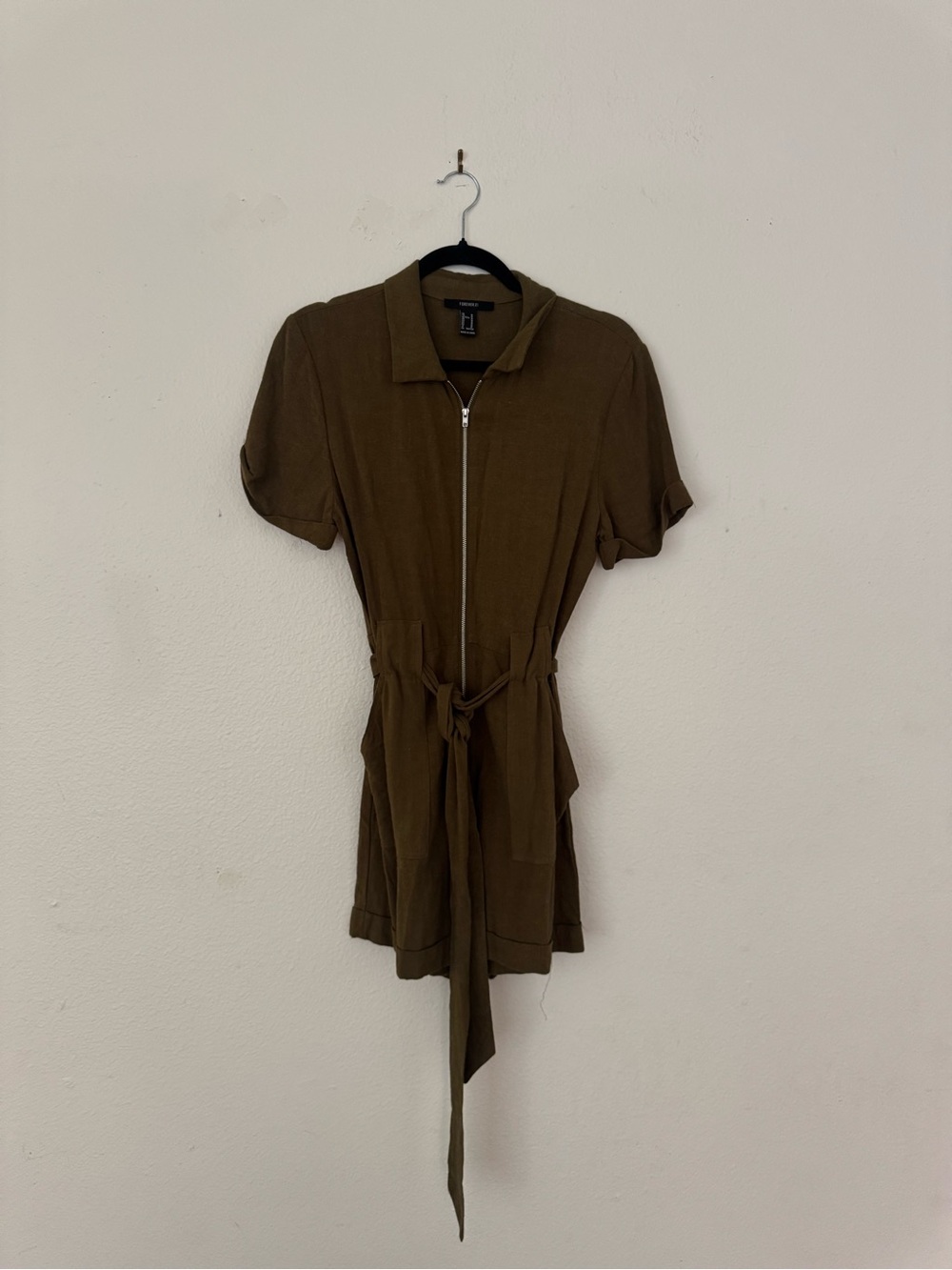 Forever 21 Olive Utility Short-Sleeve Romper with Tie Waist - Picture 3 of 13
